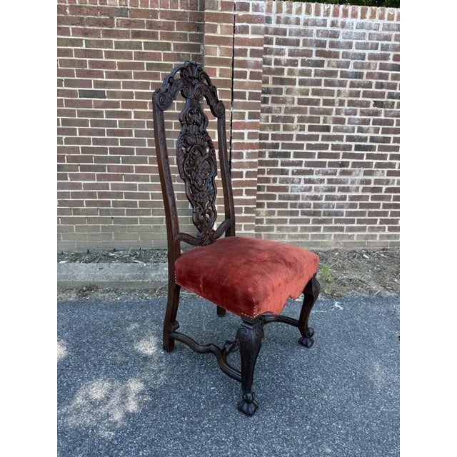 Brown Pair of Antique Anglo-Dutch 19th Century Walnut Carved High Back Hall Chairs For Sale - Image 8 of 12