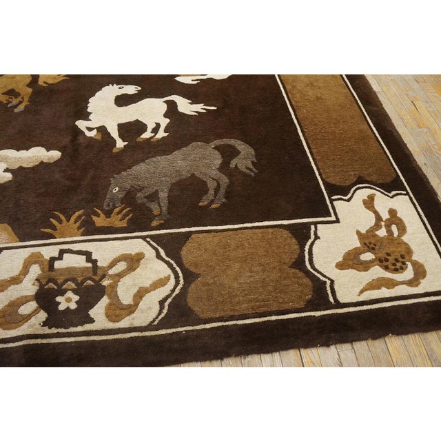 Brown Elegant Brown Color With Expressionist Design Horses Chinese Antique Pictorial Rug For Sale - Image 8 of 9