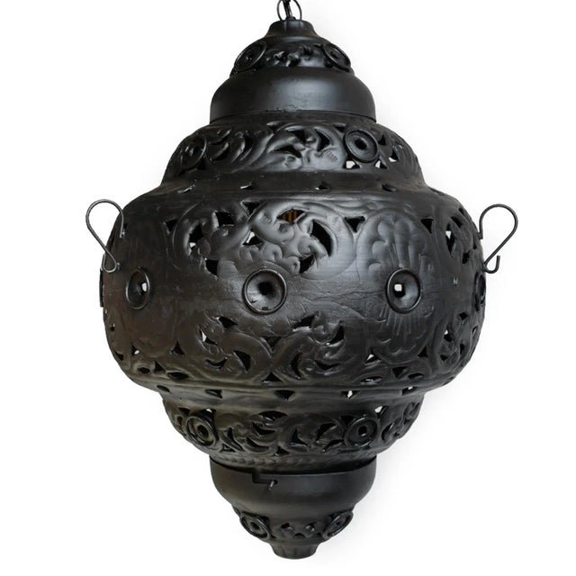 Indian Vintage Black Metal Work Pendant Light Large For Sale - Image 3 of 3