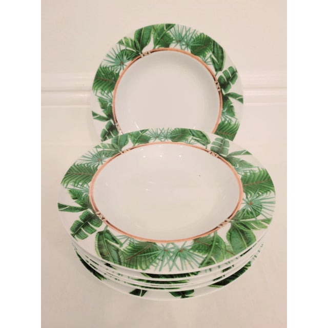 Traditional Regency Style Palm Green Leaf Bamboo Design White Ceramic Salad Bowl Plates Set of 7 For Sale - Image 3 of 7