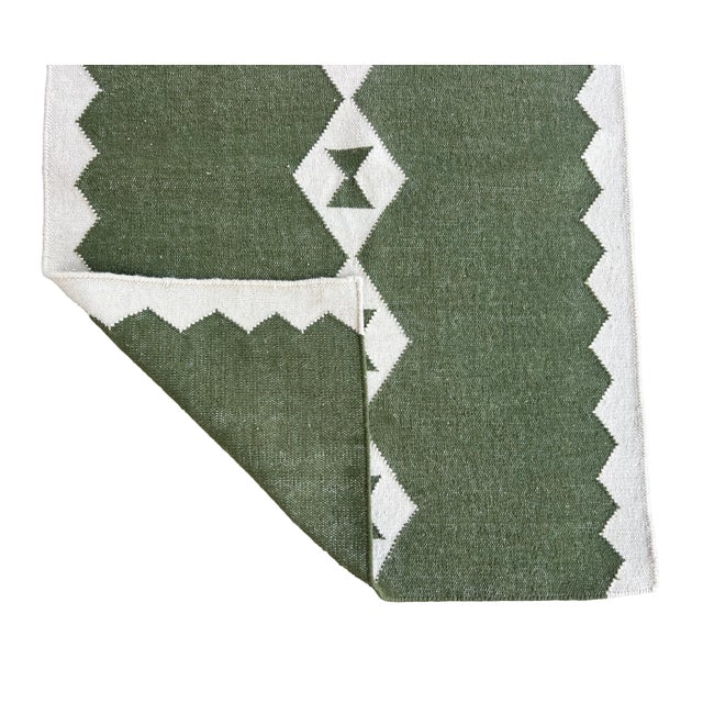 Handmade New Zealand Wool Dhurrie Runner, Olive Green and Cream Geometric Runner Rug- 3'x20' For Sale - Image 9 of 10