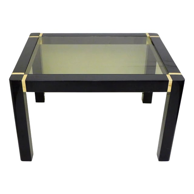 Small Vintage Coffee Table in Black Lacquered Wood & Gold Metal, Smoked Glass Tray, 1970s For Sale
