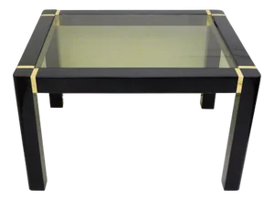 Small Vintage Coffee Table in Black Lacquered Wood & Gold Metal, Smoked Glass Tray, 1970s
