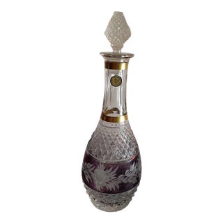 Vintage Cut Czech Bohemia Crystal Wine Decanter With Matching Stopper For Sale