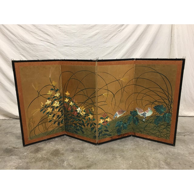 Paper Vintage Painted Folding Screen With Florals & Birds For Sale - Image 7 of 9