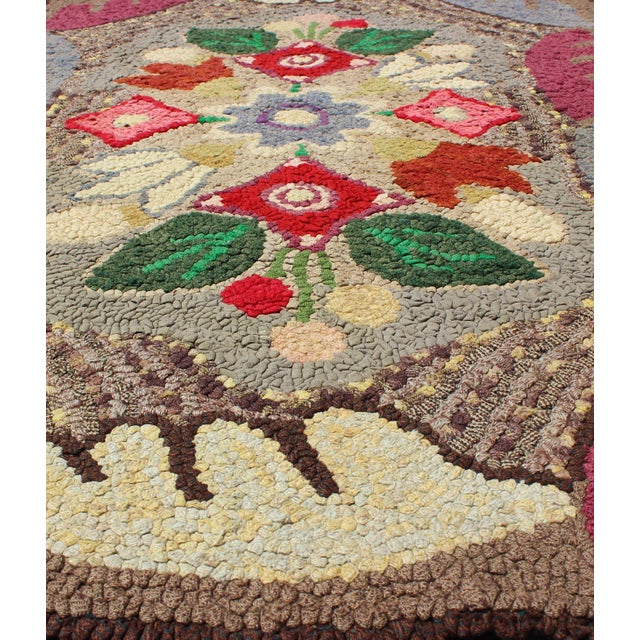 Textile Antique American Hooked Floral Rug With Multi Colors Light Brown, Green, Yellow For Sale - Image 7 of 8