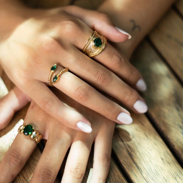 Emerald Teardrop Glow Gold Adjustable Ring, Size 8 For Sale - Image 9 of 10