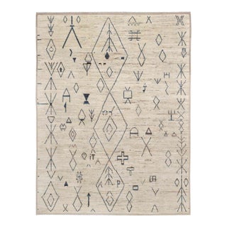 Neutral & Blue Modern Hand Knotted Rug For Sale