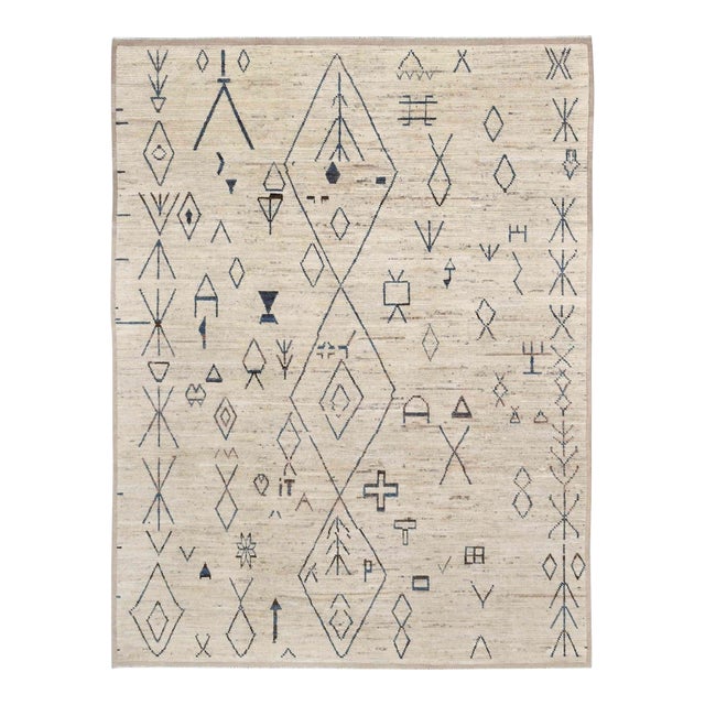 Neutral & Blue Modern Hand Knotted Rug For Sale