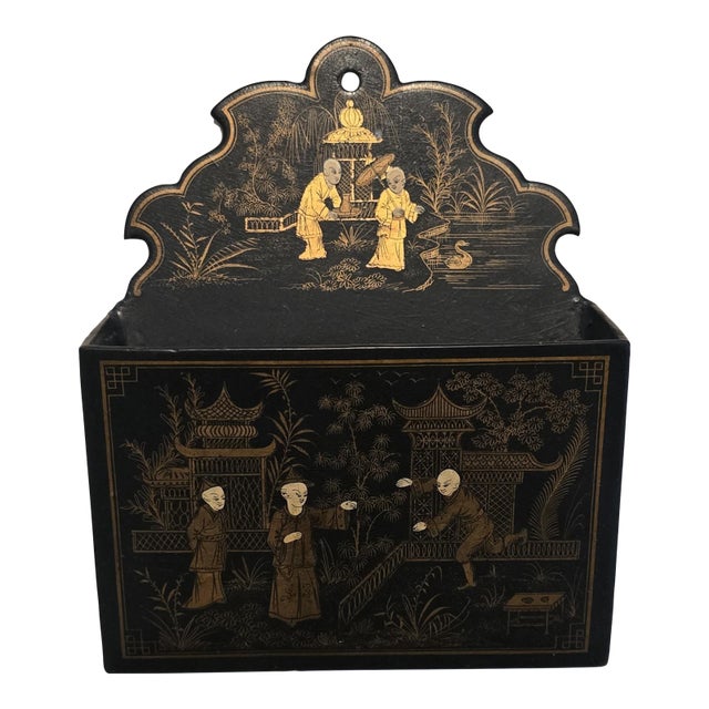 Antique Chinese Export Lacquer Wall Pocket or Hanging Letter Holder For Sale
