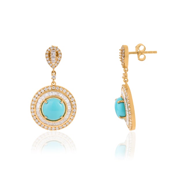 Luxury 14k Gold Turquoise & Diamond Double Halo Drop Earrings, 3.07ct- A Pair For Sale - Image 4 of 14