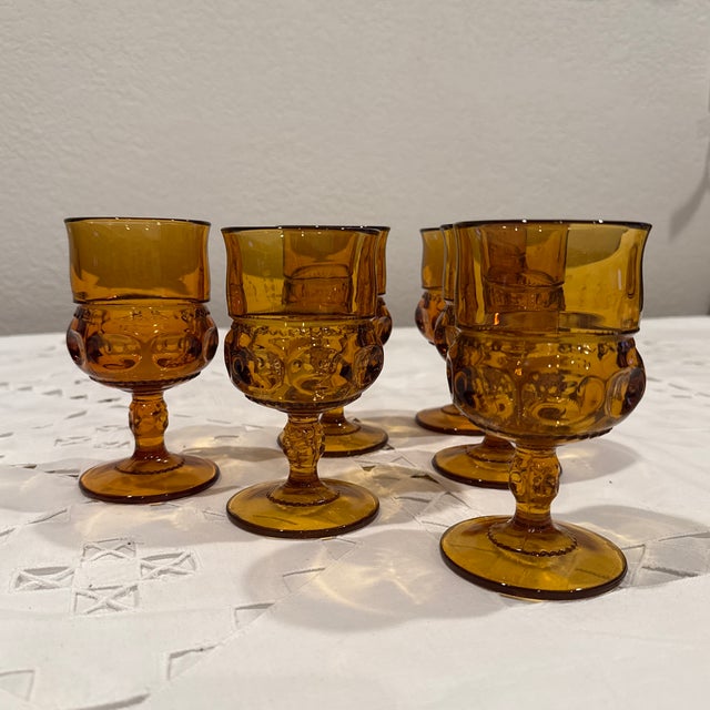 Vintage Indiana Glass Amber Kings Crown Thumprint Glassware- Set of 6 For Sale In Palm Springs - Image 6 of 7