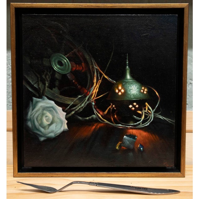 Alchemy #1 by Christopher Remmers | Oil on Artefex panel with linen Still life of a lamp, rose, and tools For Sale