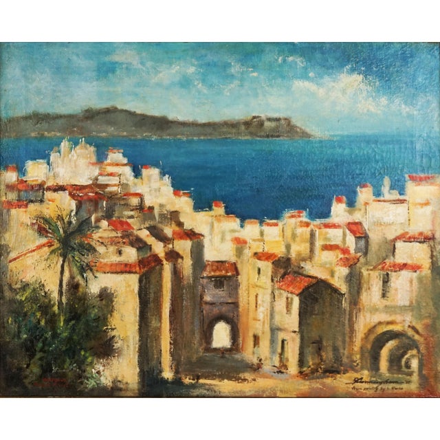 Gorgeous mid century landscape of Villafranche Sur Mer overlooking Cap Ferret by G. Cunningham (American, 20th Century),...