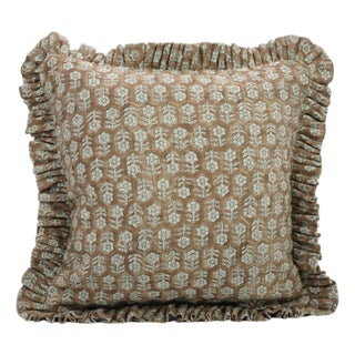 Fabdivine Decorative Block Print Frill Cushion Cover Brown 20x20 Inch Thick Linen- Tulsi Buti For Sale