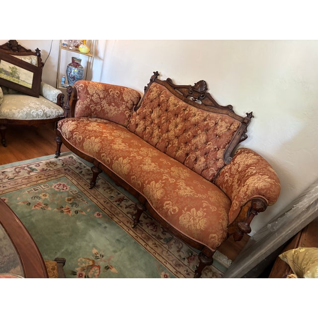 Ornate Antique Victorian - Style Carved Wood Sette and Two Matching Chairs For Sale - Image 9 of 16