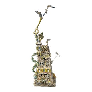 Vintage Modernist Pop Art Paper Mache Sculpture of Row House With People and Animals For Sale