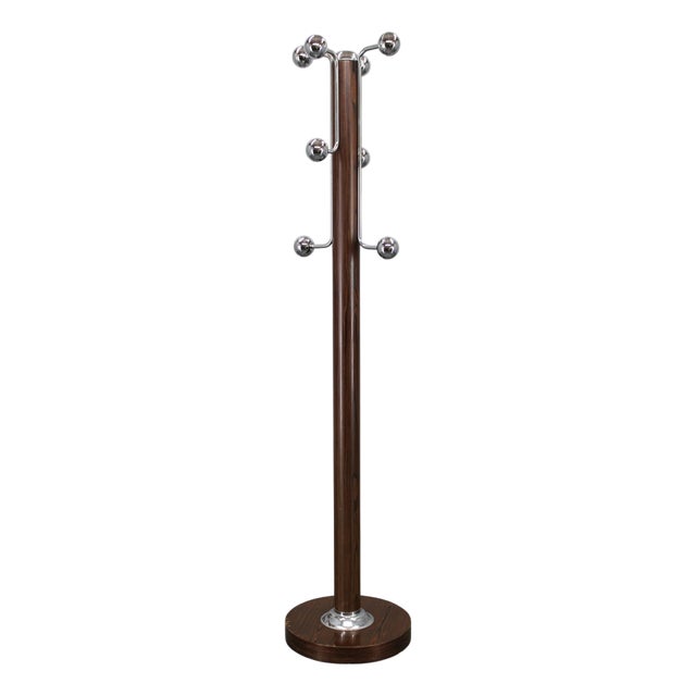 Vintage Italian Coat Rack in Iron with Chrome-Plated Plastic and Wood Base, 1970s For Sale