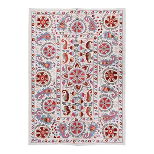 5x6.9 ft Uzbek Suzani Fabric Bed Cover, Embroidered Silk and Cotton Wall Hanging