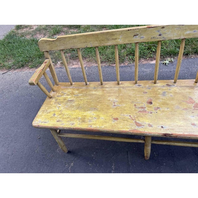 Vintage Early American Primitive Style Yellow Painted Deacon's Bench For Sale - Image 4 of 18