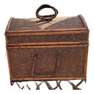 Bamboo Wooden Storage Box With Woven Handles, Hand Carved