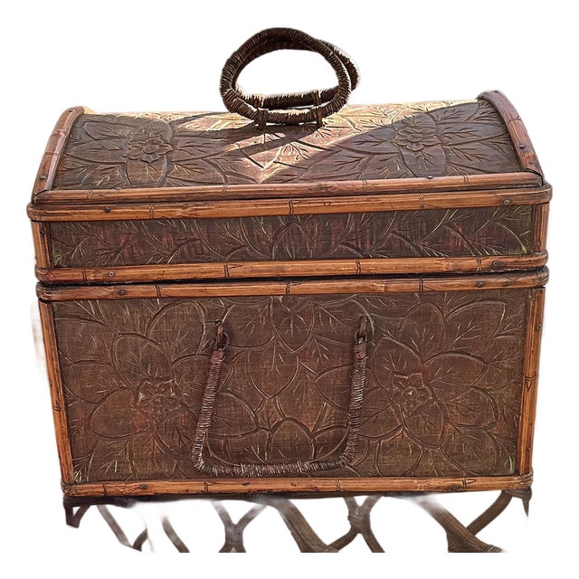 Vintage Hand Carved Bamboo Wooden Storage Box With Woven Handles For Sale