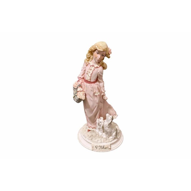 Vintage Hand-Painted Porcelain Girl with Flower Basket and Puppies Figurine by Antonio Belcari for Dear, 1987 For Sale - Image 8 of 8