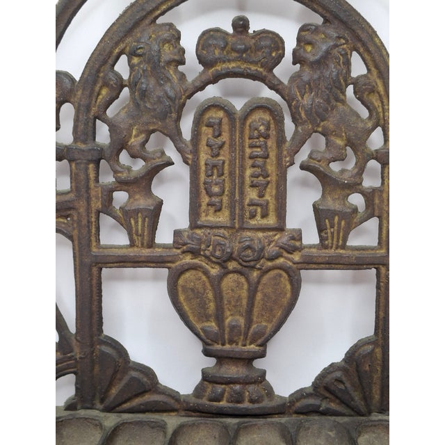 Antique 19thC Polish Brass Bench Menorah Hanukkah Lamp Lions Crown Decalogue For Sale - Image 11 of 15