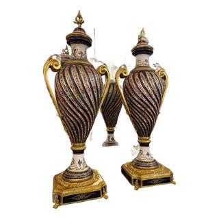 Monumental French Empire Porcelain Urns, Hand-Painted Gilt Bronze Decorative Vase Set For Sale