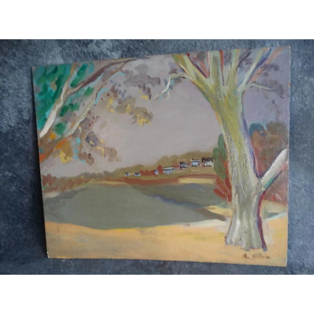 Oil on Board. Measures 18 1/2" x 22 1/4". From a private collection. We love this cool palette enlivened by the dun gold...