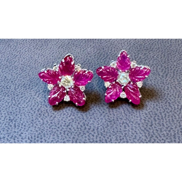 Tutti Frutti Earrings Natural Ruby Carved Leaves & Diamond Earrings in 18 KWG For Sale - Image 4 of 8