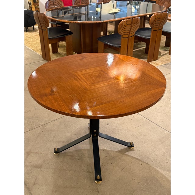 Carlo Ratti Geometric Walnut Round Table With Iron Base, Italy, 1950s For Sale - Image 4 of 11