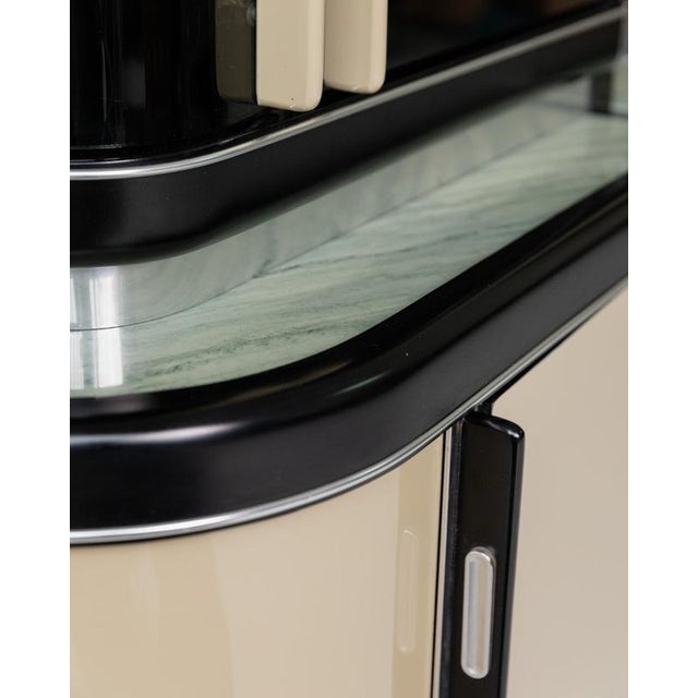 Vintage Art Deco Style Bar Cabinet in Lacquered Wood, Green Marble, Aluminium and Curved Smoked Glass, 1950s For Sale - Image 14 of 17