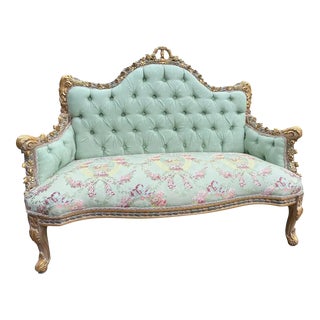 2010's Handcrafted Louis XVI Style Settee in Beech With Trianon Green Accents For Sale