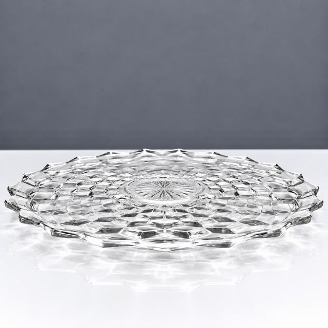 American Vintage Fostoria American Clear Glass Block Optic Three Footed Cake Torte Plate For Sale - Image 3 of 8
