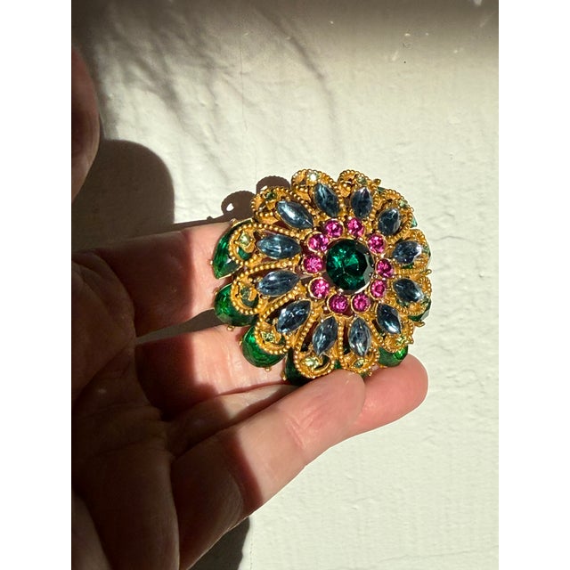 Vintage Signed Capri Demi-Parure – Multi-Layer Rhinestone Floral Dome Brooch/Pendant & Matching Hinged Cuff Bracelet For Sale - Image 9 of 12