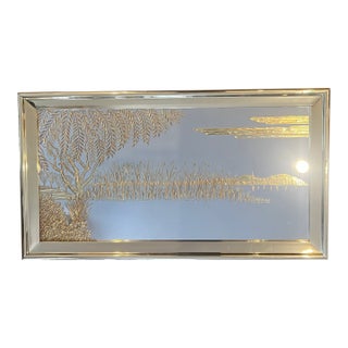 Large Hollywood Regency Chinoiserie Brass Etched Mirror 53.5” X 29.5” For Sale
