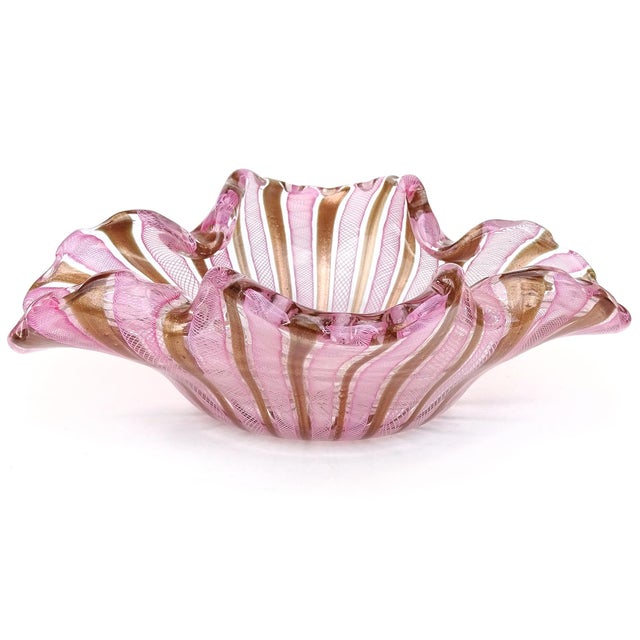 Murano Murano Fratelli Toso Pink White Copper Aventurine Ribbons Vintage Italian Large Art Glass Bowl For Sale - Image 4 of 8