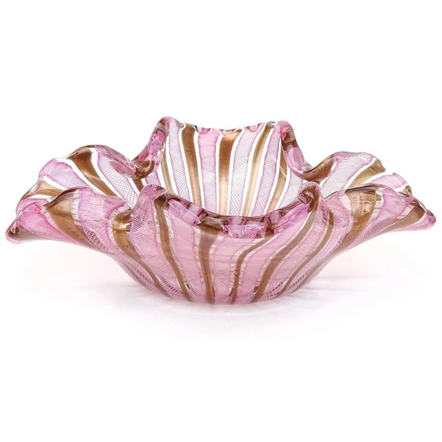 Murano Vintage Murano Fratelli Toso Pink White Copper Aventurine Ribbons Italian Large Art Glass Bowl For Sale - Image 4 of 8