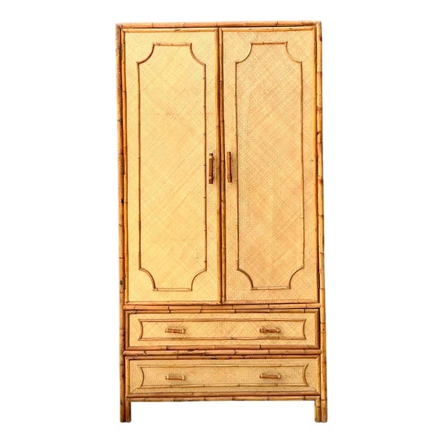 Vintage Notched Bamboo and Rattan Armoire For Sale