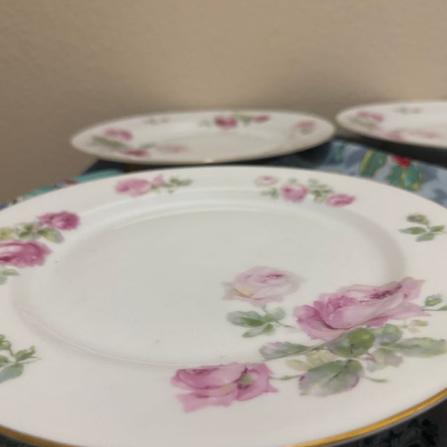 Boho Chic Vintage Noritake "Rosa" Fine China Dinner Plates #5460 Set of 4, Pink Roses Gold Trim For Sale - Image 3 of 6