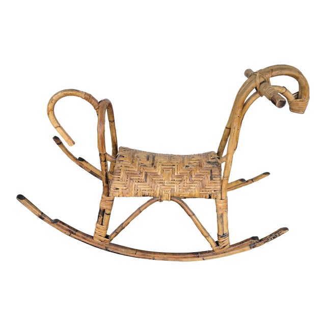 Vintage 1960 Franco Albini Style Italian Mid Century Modern Bentwood & Rattan Cane Rocking-Horse For Sale