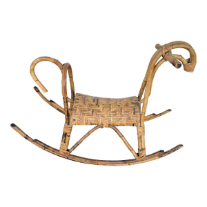 Vintage 1960 Franco Albini Style Italian Mid Century Modern Bentwood & Rattan Cane Rocking-Horse