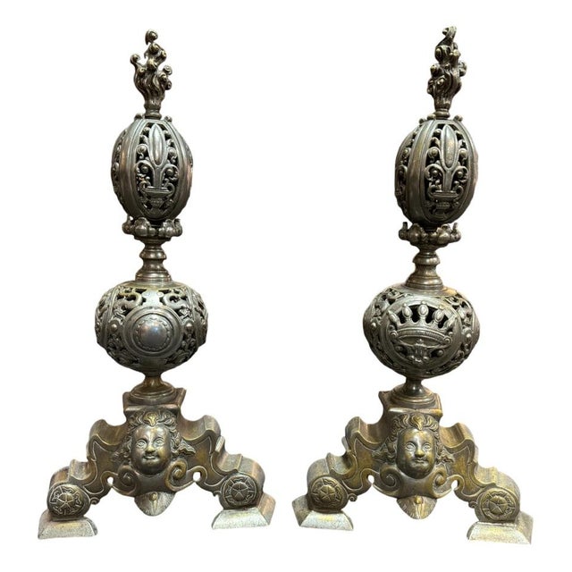 Silver Andirons with Marmousets in Silvered Bronze For Sale - Image 8 of 8