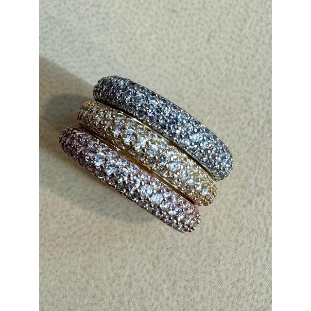 3 Carat Pave Set Diamond 3 Band in 14 Karat White , Yellow & Pink Gold , Size 7 For Sale - Image 4 of 18
