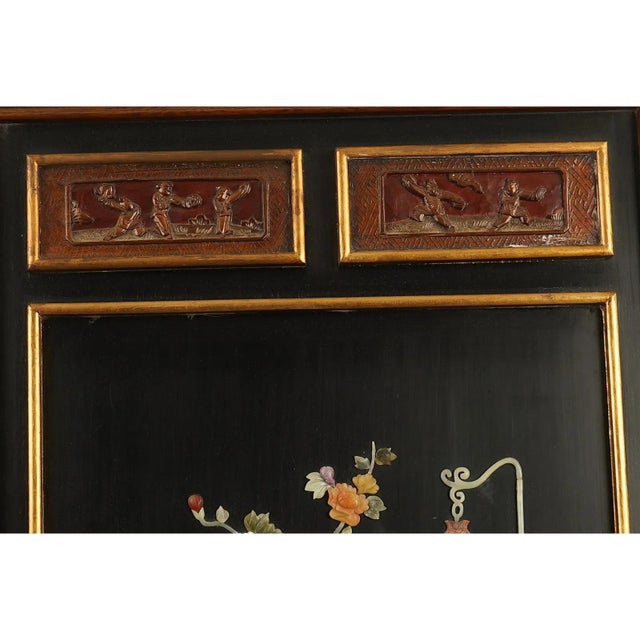 Mid 20th Century Pair of Vintage Chinese Black Lacquer Wall Panels With Jade Hardstone For Sale - Image 5 of 8