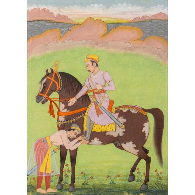 Indian School, Mughal Emperor on Horseback being Exalted by a Subject, Gouache on Paper, unframed. Sheet: 12.75" H x...