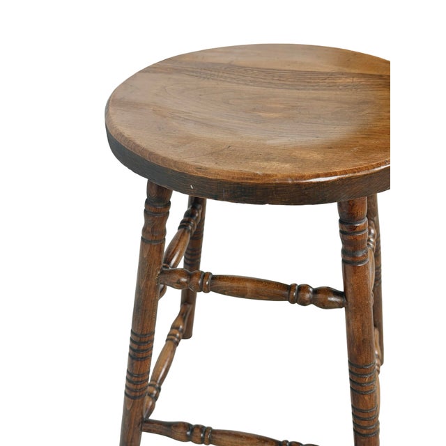 Antique Country Round Wooden Stool With Turned Legs and Stretchers For Sale - Image 9 of 18