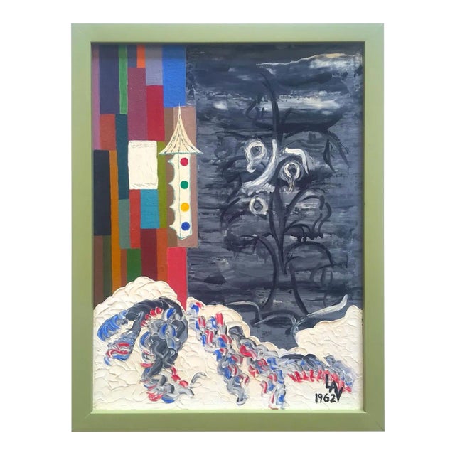 Vintage Mid Century Modernist Framed Original Abstract Landscape Oil Painting on Board For Sale