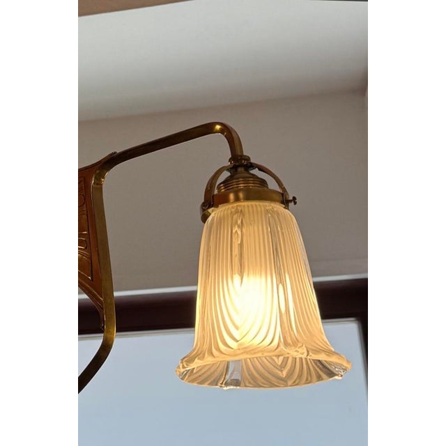 Vienna Secession Brass Pendant Light with Original Decorative Glass Shades, Austria, 1890s For Sale - Image 3 of 4